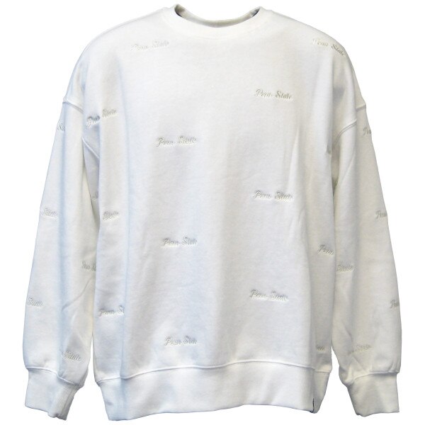 white crew neck sweatshirt with repeating script embroidered Penn State